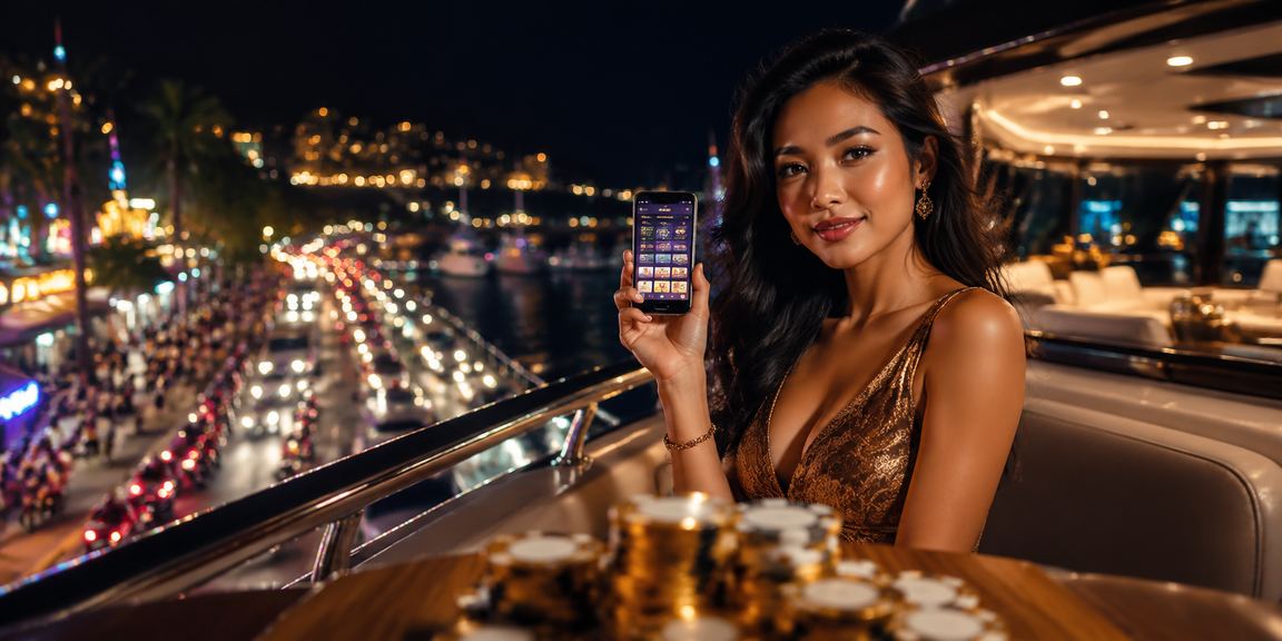 Pengguna bermain casino mobile dengan tampilan neon warna-warni